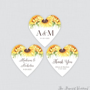 PRINTED Sunflower Heart Shaped Stickers with Custom Wording - Yellow Sunflower Floral Heart Shaped Wedding Shower Favor Labels 0019-A