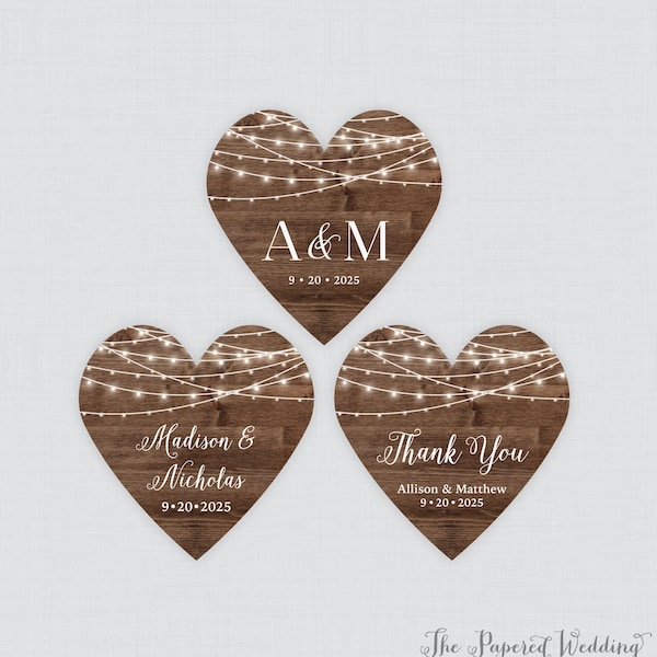 PRINTED Wood and String Lights Heart Shaped Stickers with Custom Wording - Rustic Country Barn Heart Shaped Wedding Shower Favor Labels 0036