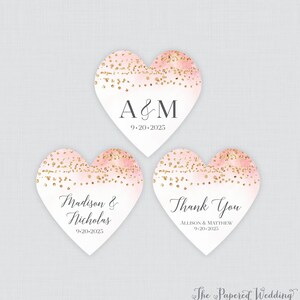 PRINTED Pink and Gold Watercolor Heart Shaped Stickers with Custom Wording - Blush Pink and Gold Heart Wedding or Shower Favor Labels 0064