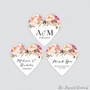 PRINTED Pink Flower Heart Shaped Stickers with Custom Wording - Rustic Pink Floral Heart Shaped Wedding Shower Favor Labels 0004