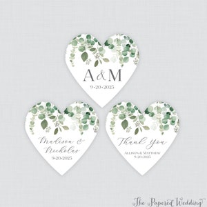 PRINTED Eucalyptus Heart Shaped Stickers with Custom Wording - Green Eucalyptus Leaf Botanical Floral Heart Wedding Shower Favor Labels 0059