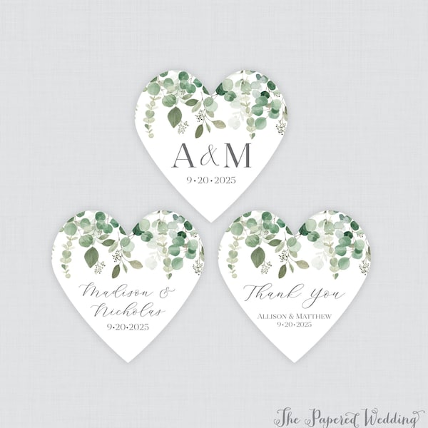 PRINTED Eucalyptus Heart Shaped Stickers with Custom Wording - Green Eucalyptus Leaf Botanical Floral Heart Wedding Shower Favor Labels 0059