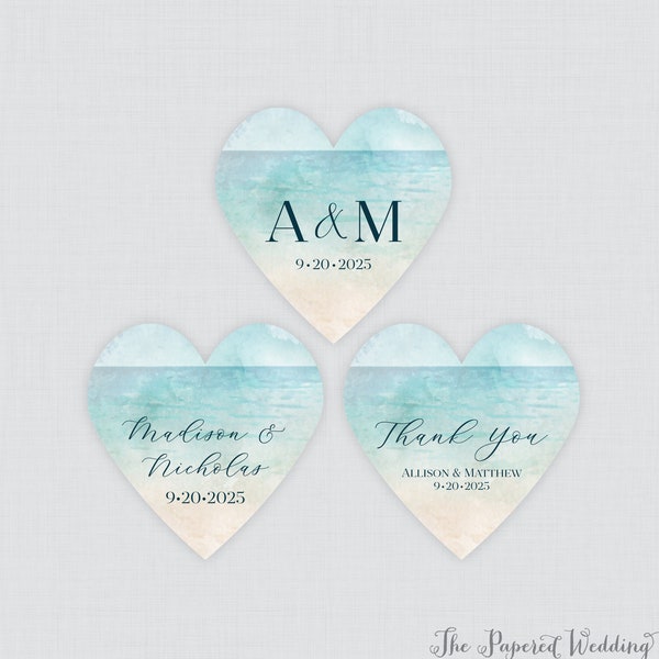 PRINTED Beach Heart Shaped Stickers with Custom Wording - Tropical Beach Ocean Heart Wedding Shower Favor Labels - Sand Hawaiian Favor 0035