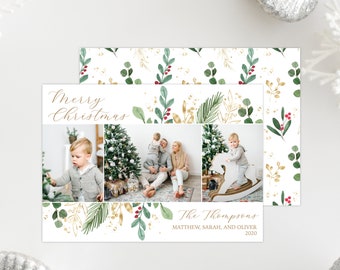 Printable OR Printed Photo Holiday Cards with Three Pictures and Green, Red, and Gold Christmas Greenery - Picture Collage Cards 122 P3