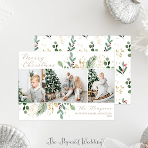 Printable OR Printed Photo Holiday Cards with Three Pictures and Green, Red, and Gold Christmas Greenery - Picture Collage Cards 122 P3
