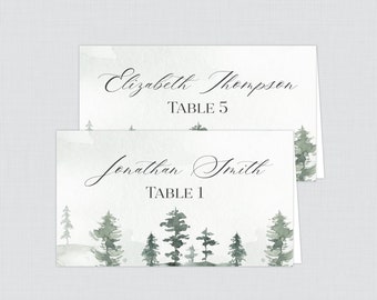 Printed Forest Wedding Place Cards - Personalized Green Watercolor Trees Wedding Table Place Cards, Mountain Place Card for Wedding 0037