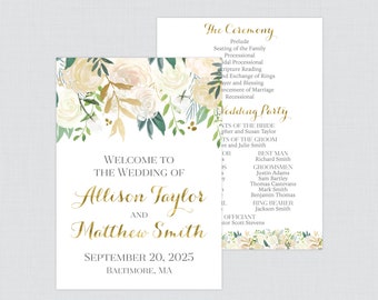 May include: A wedding program and welcome sign set featuring watercolor cream roses and green foliage. The text includes Welcome to the Wedding of Allison Taylor and Matthew Smith, September 20, 2025, Baltimore, MA, The Ceremony, and Wedding Party.