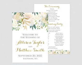 Printable OR Printed Gold and White Floral Wedding Programs - Gold  Floral Wedding Ceremony Program Cards, Personalized Wedding Program 0013