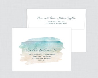 Beach Themed Printed Envelopes - Watercolor Beach Wedding Envelopes Personalized with Guest Names and Addresses, Ocean Sand Recipient 0035