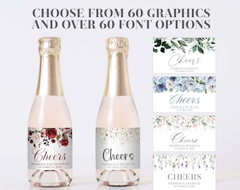 PRINTED Mini Champagne Bottle Labels with Flowers - Choose Your Floral Design, Fonts, and Font Color - Flower Wedding/Shower Labels 0072