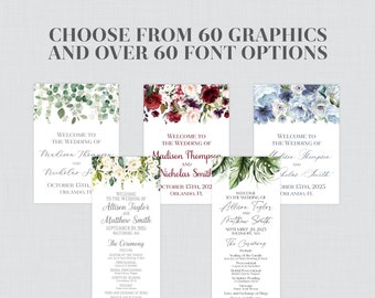 May include: Three wedding ceremony program templates with different floral designs. The first template features a green and white floral design with the text "Welcome to the wedding of Madison Thompson and Nicholas Smith, October 15th, Orlando, FL". The second template features a red and white floral design with the text "Welcome to the wedding of Madison Thompson and Nicholas Smith, October 15th, 202, Orlando, FL". The third template features a blue and white floral design with the text "Welcome to the wedding of Madison Thompson and Nicholas Smith, October 15th, 2025, Orlando, FL".