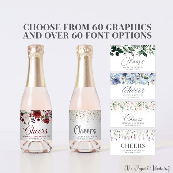 PRINTED Mini Champagne Bottle Labels with Flowers - Choose Your Floral Design, Fonts, and Font Color - Flower Wedding/Shower Labels 0072