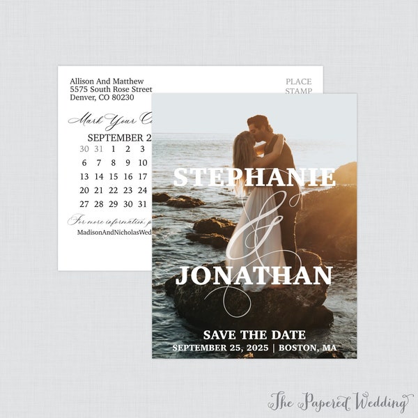 Printable OR Printed Photo Save the Date Postcards with Large Names and Ampersand Featured - Picture Save our Date Postcards for Wedding 129