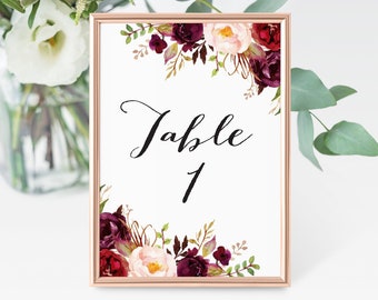 Printable Wedding Table Numbers - Marsala Floral Table Numbers for Wedding, Instant Download Table Numbers with Numbers 1-30 Rustic, 0006