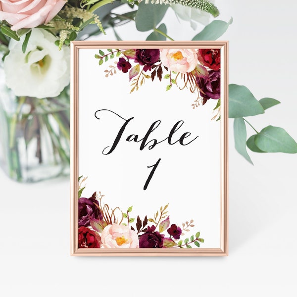 Printable Wedding Table Numbers - Marsala Floral Table Numbers for Wedding, Instant Download Table Numbers with Numbers 1-30 Rustic, 0006