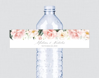 Printable OR Printed Pink Rose Wedding Water Bottle Labels - Pink Roses and Flowers Custom Water Bottle Labels, Personalized Stickers 0024