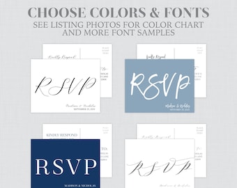 May include: Four different RSVP card designs with the text "RSVP" in various fonts and styles. The cards are in white, blue, and navy blue.