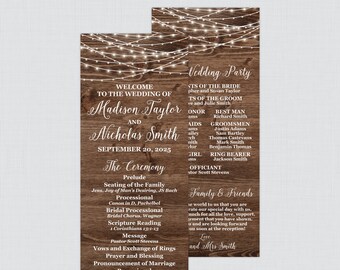 Printable OR Printed Rustic Wedding Programs - Wood and String Lights Wedding Ceremony Program Cards, Personalized Country Barn Program 0036