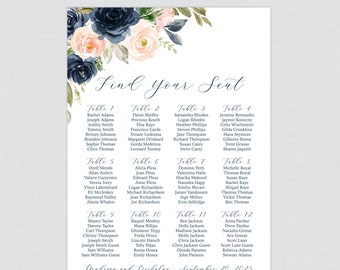 Printable Navy and Pink Floral Wedding Seating Chart - Wedding Seating Plan Poster with Navy and Blush Pink Flowers - Personalized File 0026