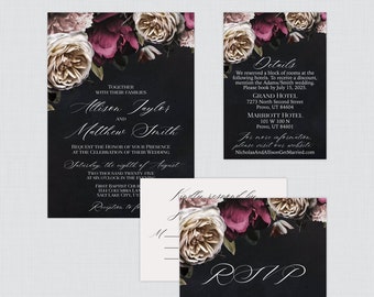 Printable OR Printed Moody Wedding Invitation Suite - Burgundy, Pink, and Cream Floral Wedding Invitation Package, Dark Wedding Invites 0025