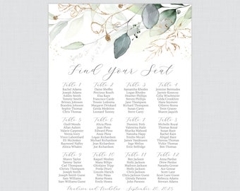 Printable Green and Gold Wedding Seating Chart - Green Leaf and Gold Flower Seating Plan Poster - Ready to Print Botanical Greenery 0029