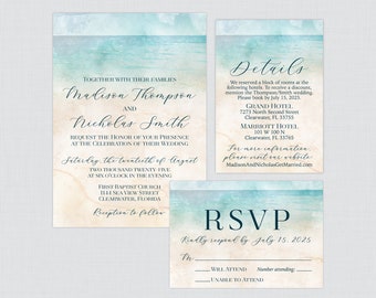 Printable OR Printed Beach Wedding Invitation Suite - Watercolor Beach Themed Wedding Invitation Package, Personalized Ocean and Sand 0035