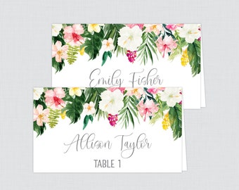 Printed Tropical Wedding Place Cards - Hawaiian Floral & Palm Leaf Table Place Cards, Summer Beach Hibiscus Place Cards for Wedding 0030