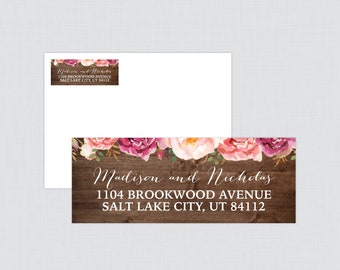 Rustic Wedding Address Labels - Pink Flower and Wood Return Address Labels for Weddings, Floral Personalized Address Labels/Stickers 0004-B
