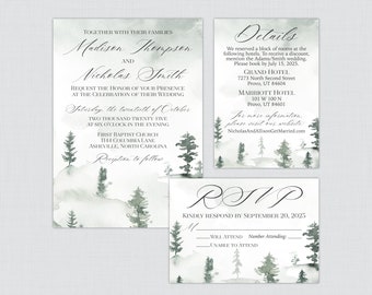 Printable OR Printed Forest Wedding Invitation Suite - Green Watercolor Trees Wedding Invitation Package - Outdoor Woods Wedding Invite 0037