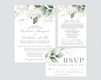 Printable OR Printed Green and Gold Wedding Invitation Suite - Green Leaf & Gold Floral Wedding Invitation Package, Greenery Botanical 0029