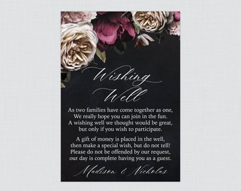 Printable OR Printed Moody Wedding Wishing Well Cards with Burgundy, Pink, and Cream Flowers - Dark Floral Wishing Well Cards Wedding 0025