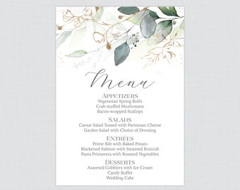 Printable OR Printed Green and Gold Wedding Menu Cards - Green Leaf & Gold Floral Menu Cards, Greenery Menu Cards for Wedding 5x7 Size, 0029