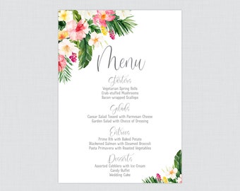 Printable OR Printed Tropical Wedding Menu Cards - Hawaiian Floral & Palm Leaf Menu Cards, Summer Beach Hibiscus Menu Cards 5x7 Size - 0030