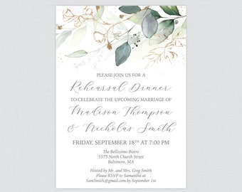 Printable OR Printed Green and Gold Rehearsal Dinner Invitations - Greenery Rehearsal Dinner Invites, Green Leaf Gold Wedding Rehearsal 0029