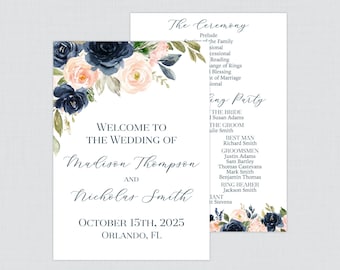 Printable OR Printed Navy and Pink Floral Wedding Programs - Wedding Ceremony Program Cards with Navy & Blush Pink Flowers Personalized 0026