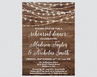Printable OR Printed Rustic Rehearsal Dinner Invitations - Wood and String Lights Rehearsal Dinner Invites, Country Wedding Rehearsal 0036