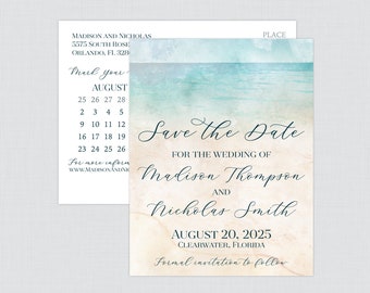Printable OR Printed Beach Save the Date Postcards - Watercolor Beach Themed Save the Date Postcards for Wedding - Ocean, Sea, Sand 0035