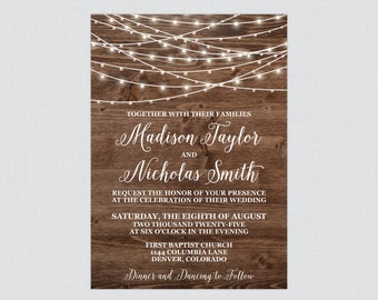 Printable OR Printed Rustic Wedding Invitations - Invitations with Wood and String Lights Design - Country Barn Wedding Invites 0036