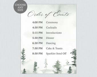 May include: A watercolor illustration of a forest scene with a white background. The text "Order of Events" is at the top of the image. The text below lists the order of events for a wedding, including the time and event name. The text at the bottom of the image reads "The Papered Wedding."