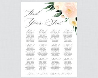 Printable Ivory and Blush Pink Flower Wedding Seating Chart - Pink & Cream Floral Seating Plan Poster - Personalized, Ready to Print 0027