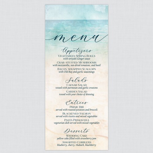 Printable OR Printed Beach Wedding Menu Cards Watercolor Etsy