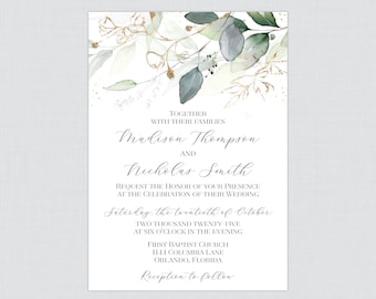 Printable OR Printed Green and Gold Wedding Invitations - Green Leaf and Gold Botanical Invitations, Modern Green, White, Gold Invites 0029