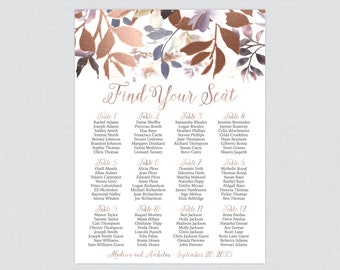 Printable Rose Gold Wedding Seating Chart - Rose Gold & Lavender Leaves Seating Plan Poster, Personalized Rose Gold Botanical Seating 0034-W