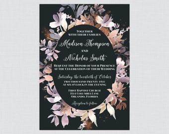 Printable OR Printed Rose Gold Wedding Invitations - Black, Rose Gold, Lavender, and Ivory Leaves Wreath Wedding Invitations - 0034-B