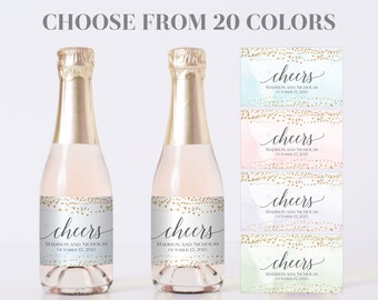 PRINTED Mini Champagne Bottle Labels with Watercolor and Gold Backgrounds - Custom Color Watercolor Cheers Bridal Shower Wedding Labels 0071