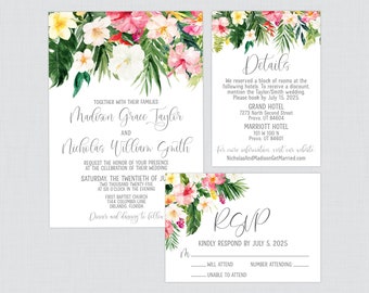 Printable OR Printed Tropical Wedding Invitation Suite - Hawaiian Floral & Palm Leaf Wedding Invitation Package, Personalized Hibiscus 0030