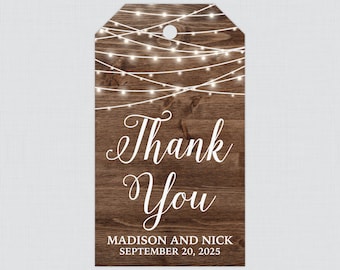 Printable OR Printed Rustic Wedding Favor Gift Tags - Wood and String Lights Favor Tags for Wedding, Personalized Gift Tag Country Barn 0036