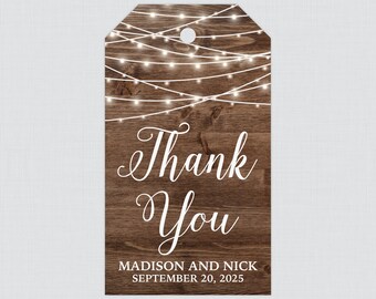 Printable OR Printed Rustic Wedding Favor Gift Tags - Wood and String Lights Favor Tags for Wedding, Personalized Gift Tag Country Barn 0036