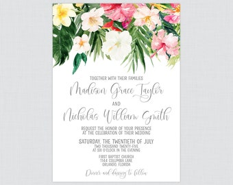 Printable OR Printed Tropical Wedding Invitations with Hawaiian Flowers & Palm Leaves - Pink, Yellow, White Floral Hibiscus Invitation 0030