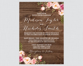 Printable OR Printed Rustic Wedding Invitations - Pink Flower and Wood Wedding Invitations, Pink  and Magenta Floral Wedding Invites 0004-B